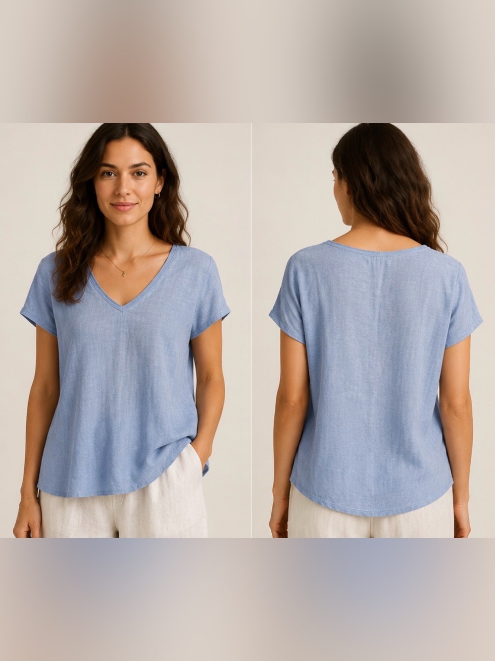 Joie | Blue Linen Short Sleeve V Neck Tee large 100 linen